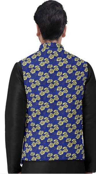 Mayawye Men's Jacquard Printed Full Sleeve Waistcoat (Blue)