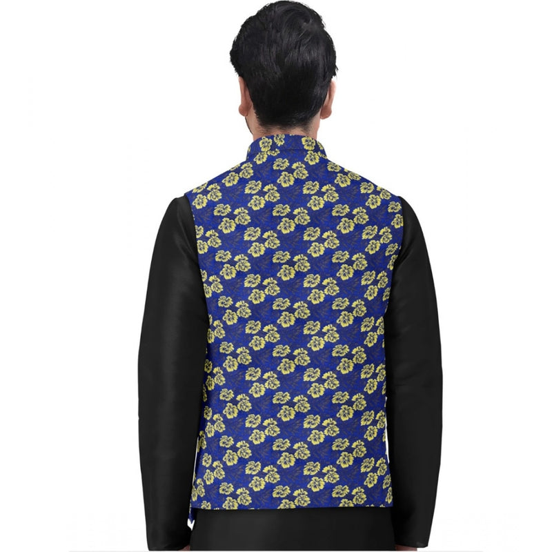 Mayawye Men's Jacquard Printed Full Sleeve Waistcoat (Blue)