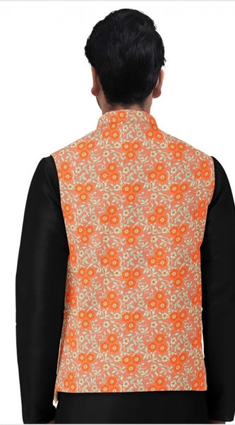Mayawye Men's Jacquard Printed Full Sleeve Waistcoat (Orange)