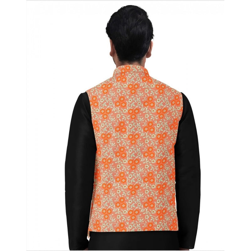 Mayawye Men's Jacquard Printed Full Sleeve Waistcoat (Orange)