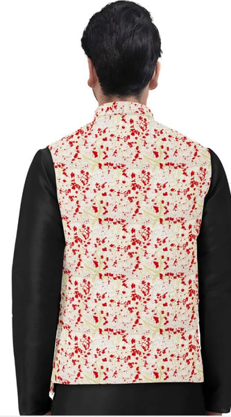 Mayawye Men's Jacquard Printed Full Sleeve Waistcoat (Red-Beige)
