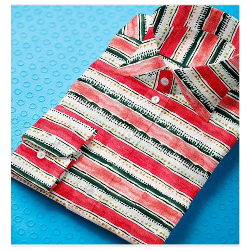 Mayawye Men's Cotton Blended Striped Full Sleeve Shirt (Red-White)