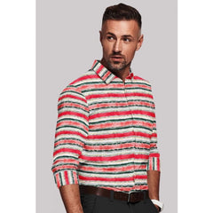 Mayawye Men's Cotton Blended Striped Full Sleeve Shirt (Red-White)