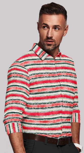 Mayawye Men's Cotton Blended Striped Full Sleeve Shirt (Red-White)