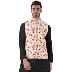 Mayawye Men's Jacquard Printed Full Sleeve Waistcoat (Red-Beige)
