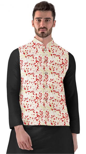 Mayawye Men's Jacquard Printed Full Sleeve Waistcoat (Red-Beige)
