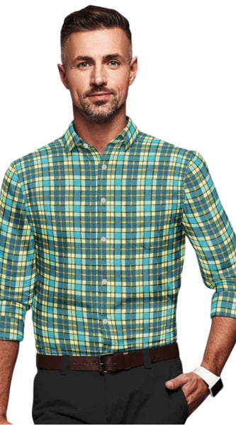 Mayawye Men's Cotton Blended Checked Full Sleeve Shirt (Green-Yellow)
