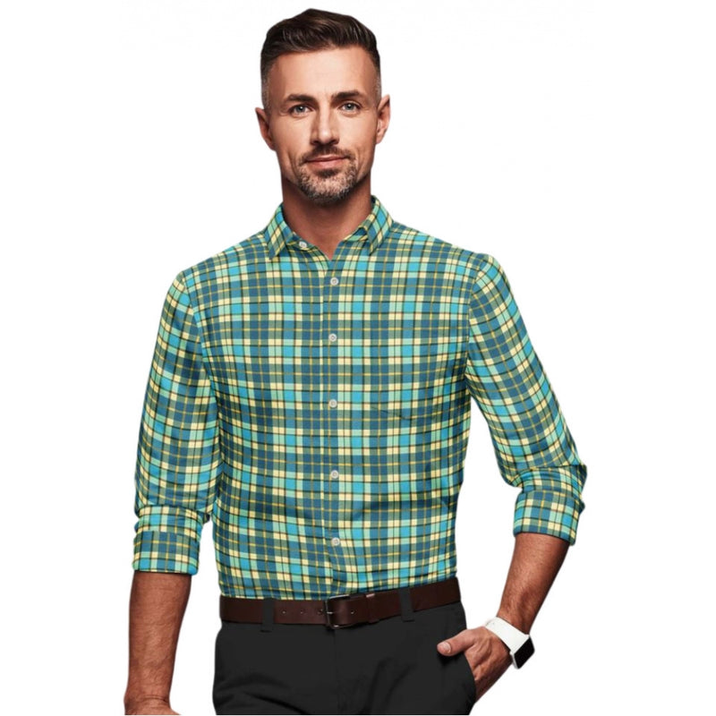 Mayawye Men's Cotton Blended Checked Full Sleeve Shirt (Green-Yellow)