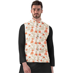 Mayawye Men's Jacquard Printed Full Sleeve Waistcoat (Orange-Beige)