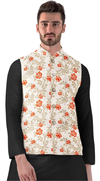 Mayawye Men's Jacquard Printed Full Sleeve Waistcoat (Orange-Beige)