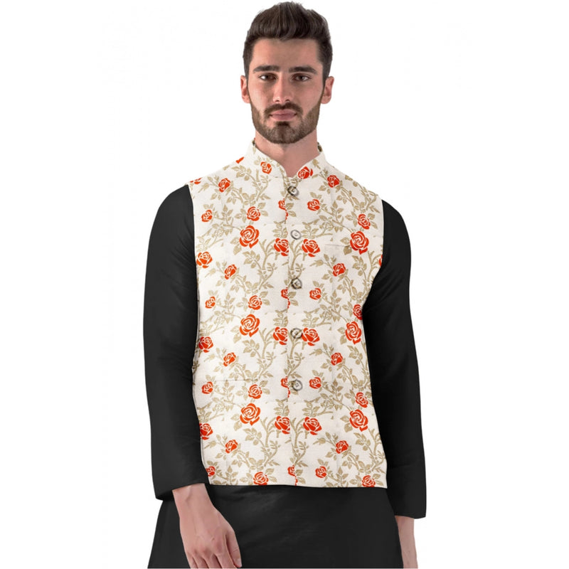 Mayawye Men's Jacquard Printed Full Sleeve Waistcoat (Orange-Beige)