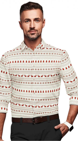 Mayawye Men's Cotton Blended Printed Full Sleeve Shirt (White-Red)