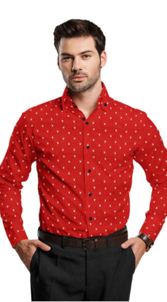 Mayawye Men's Cotton Blended Printed Full Sleeve Shirt (Red)