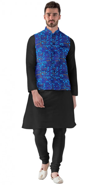 Mayawye Men's Jacquard Printed Full Sleeve Waistcoat (Blue)