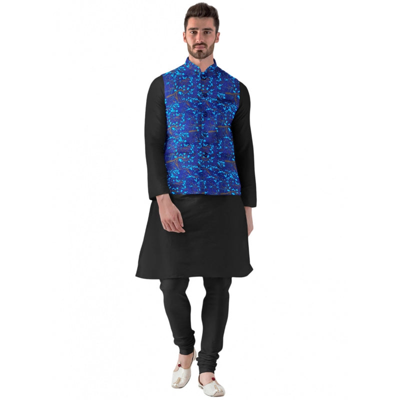 Mayawye Men's Jacquard Printed Full Sleeve Waistcoat (Blue)