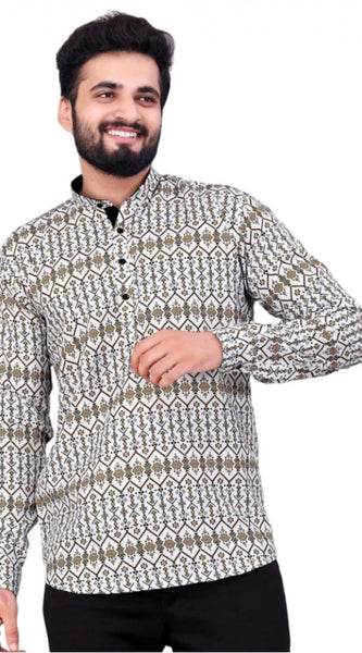 Mayawye Men's Cotton Blended Printed Full Sleeve Shortkurta (Multicolor)