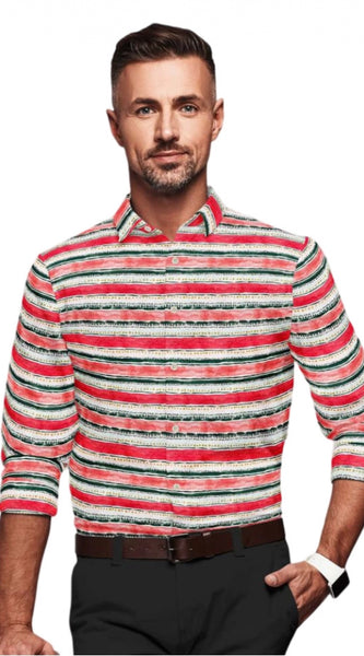Mayawye Men's Cotton Blended Striped Full Sleeve Shirt (Red-White)
