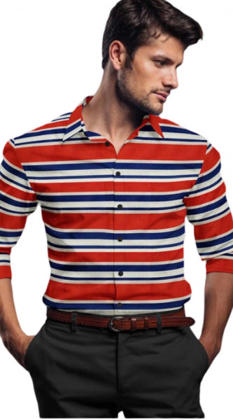 Mayawye Men's Cotton Blended Striped Full Sleeve Shirt (Red-Blue)