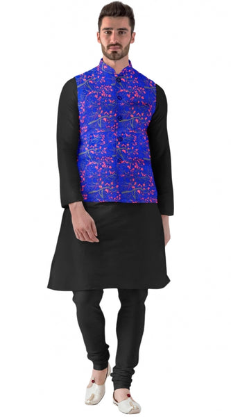 Mayawye Men's Jacquard Printed Full Sleeve Waistcoat (Blue)