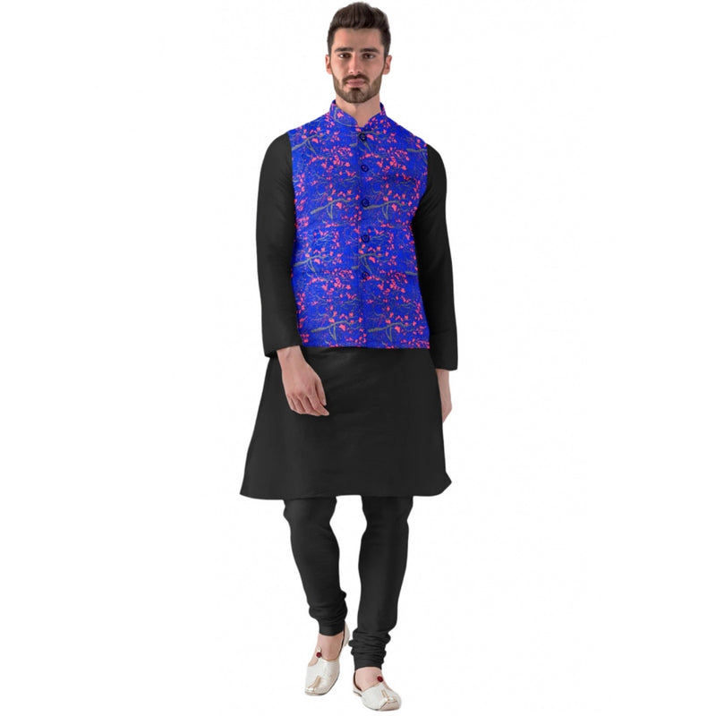 Mayawye Men's Jacquard Printed Full Sleeve Waistcoat (Blue)