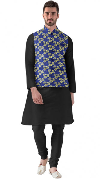 Mayawye Men's Jacquard Printed Full Sleeve Waistcoat (Blue)