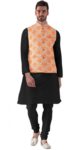 Mayawye Men's Jacquard Printed Full Sleeve Waistcoat (Orange)
