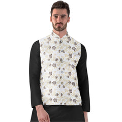 Mayawye Men's Jacquard Printed Full Sleeve Waistcoat (Beige)
