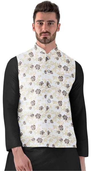 Mayawye Men's Jacquard Printed Full Sleeve Waistcoat (Beige)