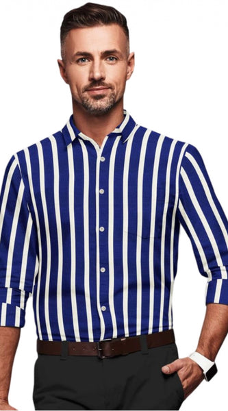Mayawye Men's Cotton Blended Striped Full Sleeve Shirt (White-Blue)
