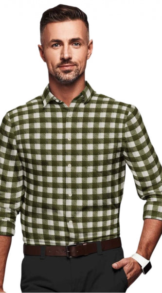 Mayawye Men's Cotton Blended Checked Full Sleeve Shirt (White-Green)
