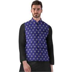Mayawye Men's Jacquard Printed Full Sleeve Waistcoat (Blue)