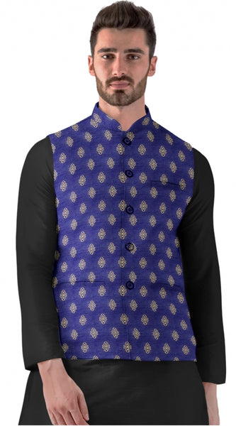 Mayawye Men's Jacquard Printed Full Sleeve Waistcoat (Blue)