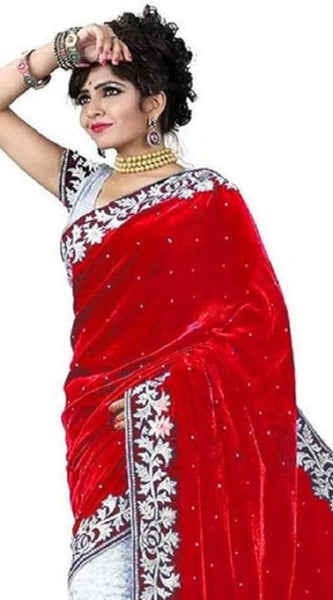 Mayawye Women's Velvet Embroidered Saree With Unstitched Blouse (Red, 5.5 Mtr)