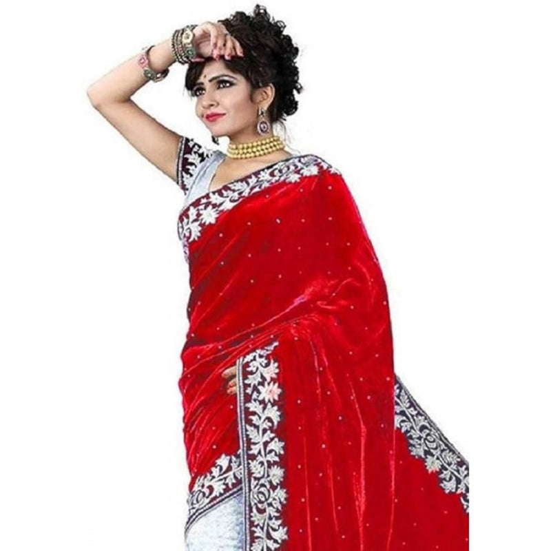 Mayawye Women's Velvet Embroidered Saree With Unstitched Blouse (Red, 5.5 Mtr)