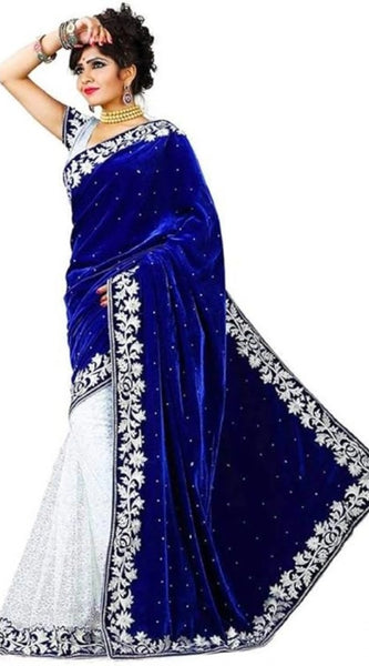 Mayawye Women's Velvet Embroidered Saree With Unstitched Blouse (Blue, 5.5 Mtr)