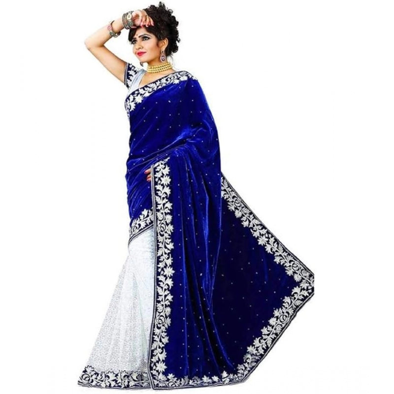 Mayawye Women's Velvet Embroidered Saree With Unstitched Blouse (Blue, 5.5 Mtr)