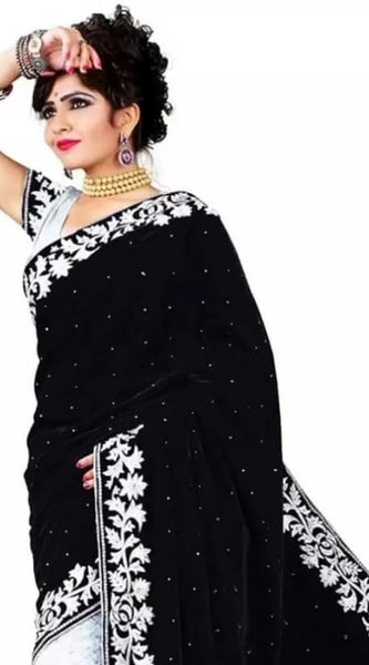 Mayawye Women's Velvet Embroidered Saree With Unstitched Blouse (Black, 5.5 Mtr)