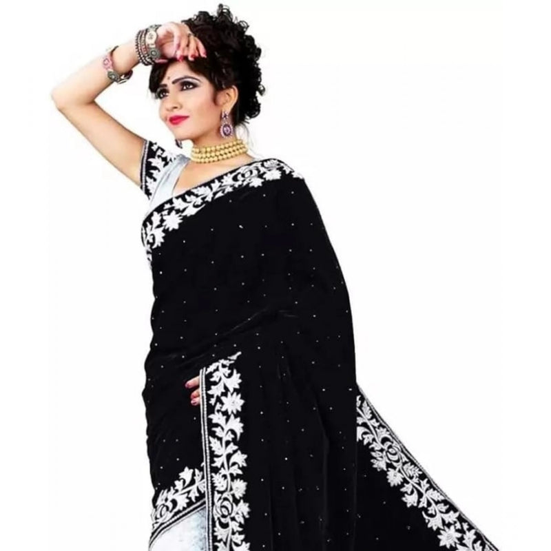 Mayawye Women's Velvet Embroidered Saree With Unstitched Blouse (Black, 5.5 Mtr)