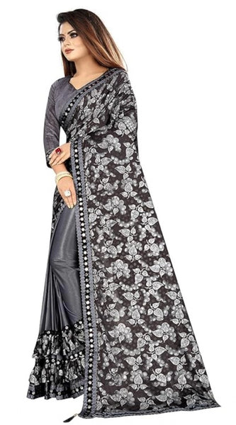 Mayawye Women's Lycra Solid Saree With Unstitched Blouse (Grey, 5.5 Mtr)