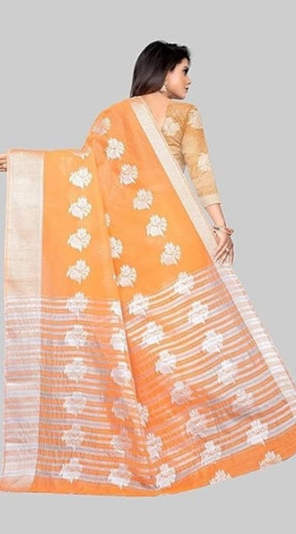 Mayawye Women's Cotton Silk Floral Saree With Unstitched Blouse (Orange, 5.5 Mtr)