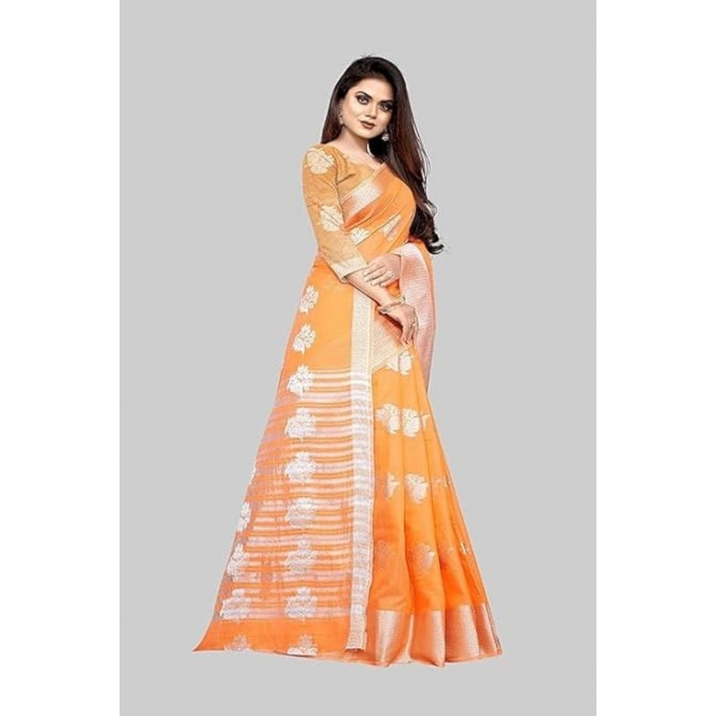 Mayawye Women's Cotton Silk Floral Saree With Unstitched Blouse (Orange, 5.5 Mtr)