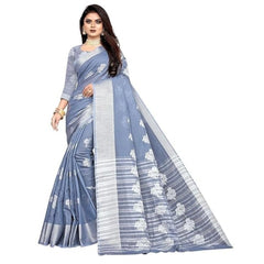 Mayawye Women's Cotton Silk Floral Saree With Unstitched Blouse (Grey, 5.5 Mtr)