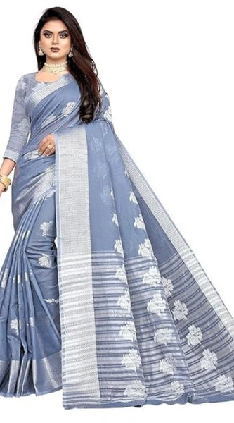 Mayawye Women's Cotton Silk Floral Saree With Unstitched Blouse (Grey, 5.5 Mtr)