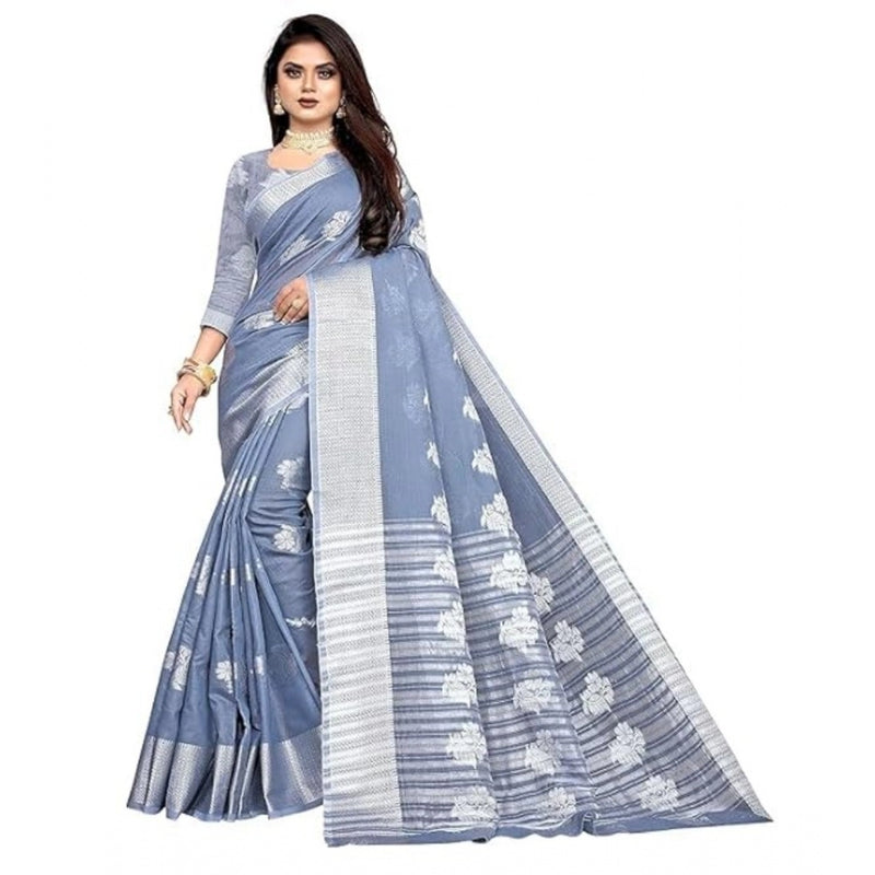 Mayawye Women's Cotton Silk Floral Saree With Unstitched Blouse (Grey, 5.5 Mtr)