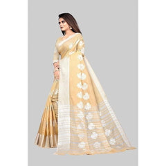 Mayawye Women's Cotton Silk Floral Saree With Unstitched Blouse (Beige, 5.5 Mtr)