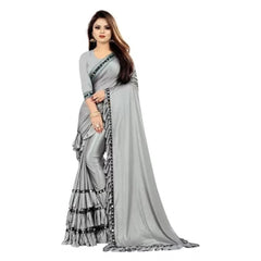 Mayawye Women's Malai Lining Solid Saree With Unstitched Blouse (Grey, 5.5 Mtr)