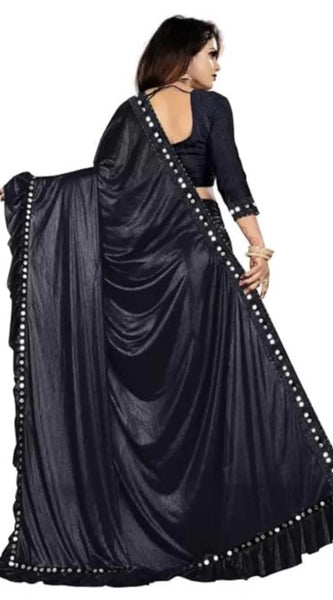 Mayawye Women's Malai Lining Solid Saree With Unstitched Blouse (Black, 5.5 Mtr)