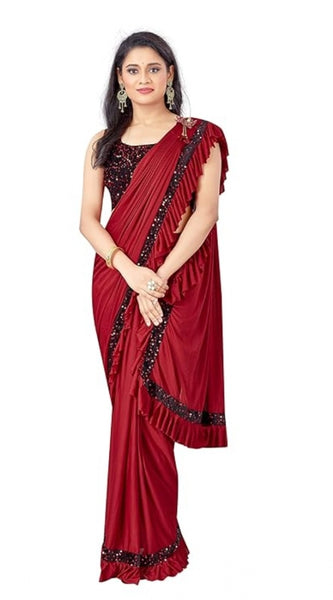 Mayawye Women's Lycra Solid Saree With Unstitched Blouse (Red, 5.5 Mtr)