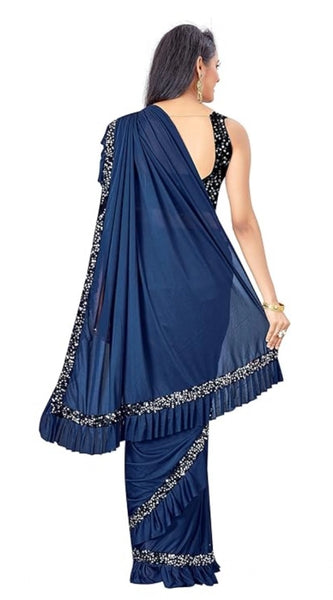 Mayawye Women's Lycra Solid Saree With Unstitched Blouse (Nay Blue, 5.5 Mtr)