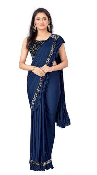 Mayawye Women's Lycra Solid Saree With Unstitched Blouse (Nay Blue, 5.5 Mtr)